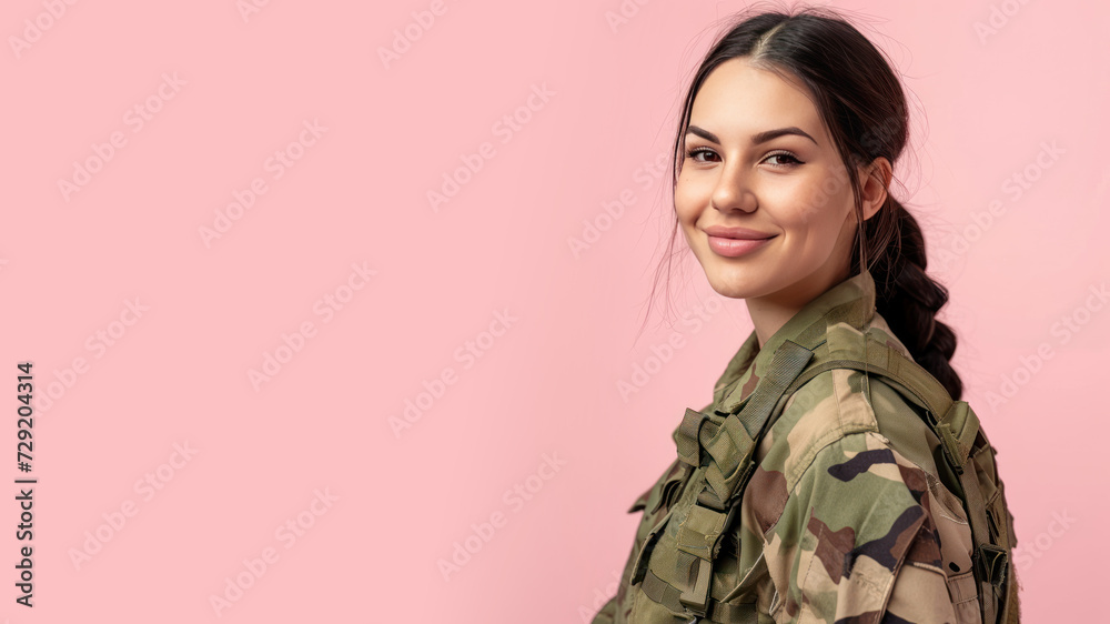Brunette woman in Paramilitary Forces uniform isolated on pastel background