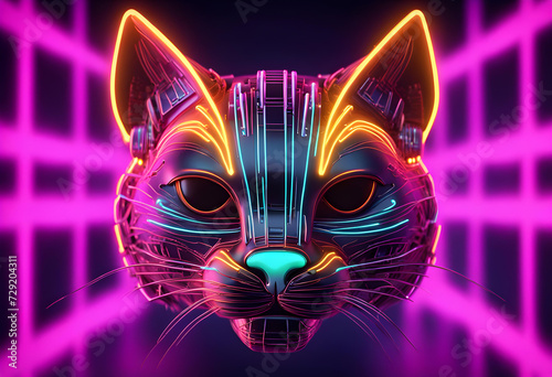 3d image of cyber cat head neon glow