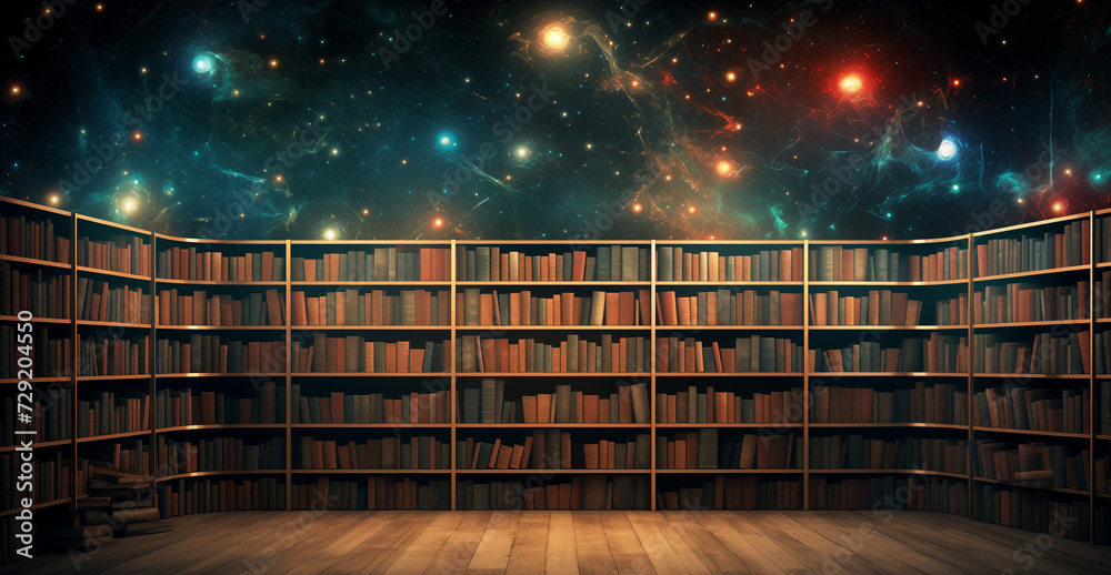 Enchanting Library With Wooden Shelves Under a Cosmic Sky Illustration. Dreamscape wallpaper. World Book Night. - obrazy, fototapety, plakaty 
