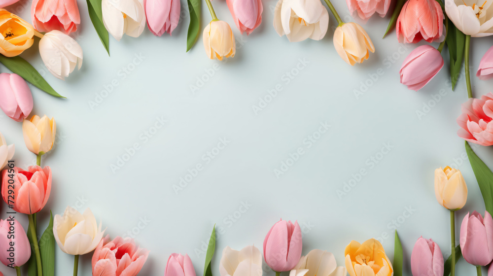 Frame of pastel colored paper tulip flowers
