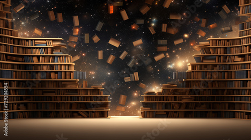 Majestic Library With Books Levitating in a Mysterious Cosmic Space. Dreamscape wallpaper. World Book Night.