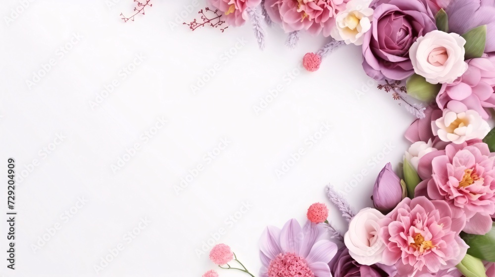 Top view of white empty field with decoration on the right side with pink and white flowers.Valentine's Day banner with space for your own content.