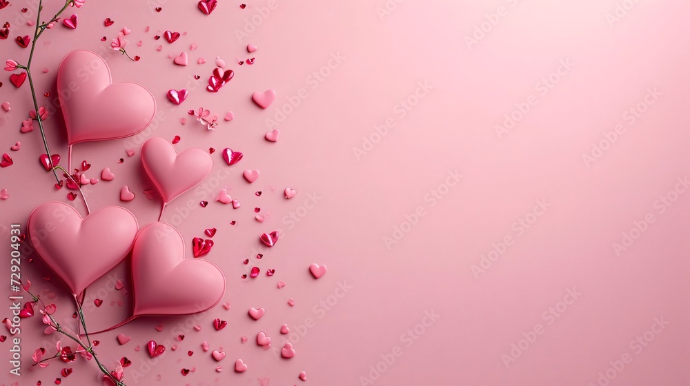 Pink Valentine's Day card. Pink hearts on the left side.Valentine's Day banner with space for your own content.