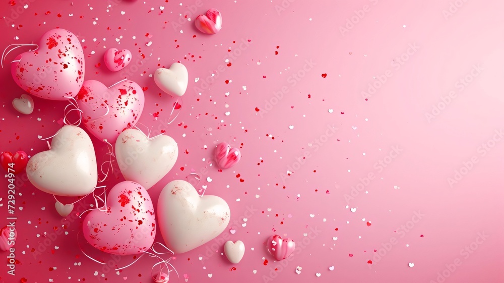 Top view of pink card with pink and red confetti hearts.Valentine's Day banner with space for your own content.