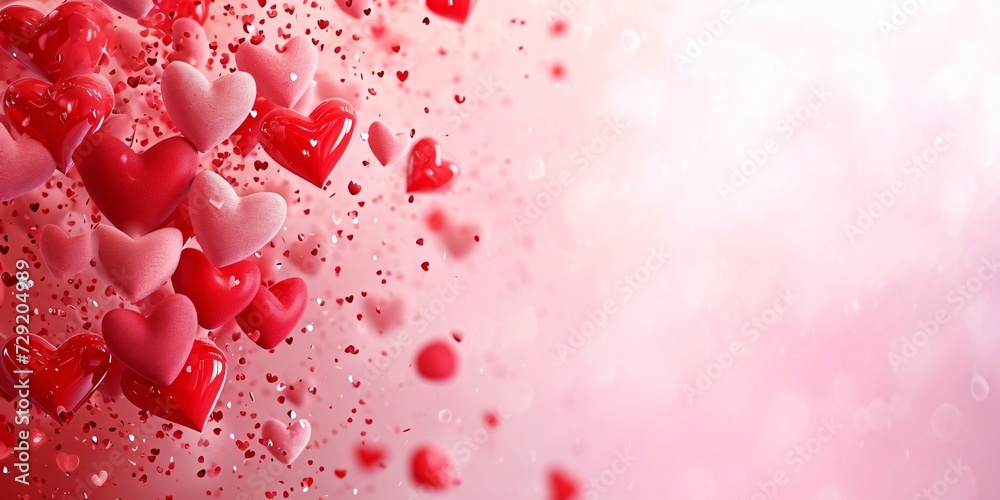 Red and pink hearts and small confetti pink background.Valentine's Day banner with space for your own content.