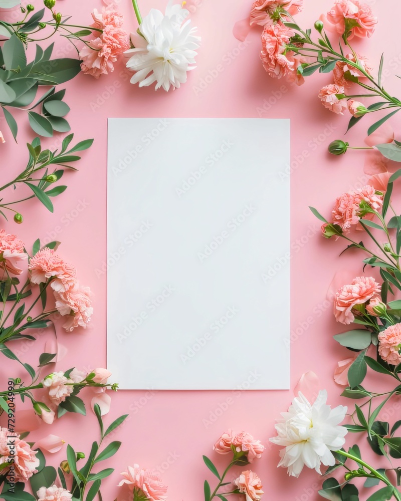 White blank card with space for your own content. All around decorations of white and pink flowers. Valentine's Day as a day symbol of affection and love.