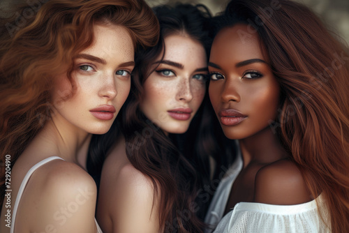 Group of women of different nationalities and cultures, skin colors and hairstyles. Society or population, social diversity