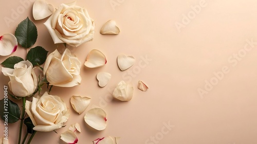 Lying on a light background are three white roses and paper white hearts.Valentine's Day banner with space for your own content.