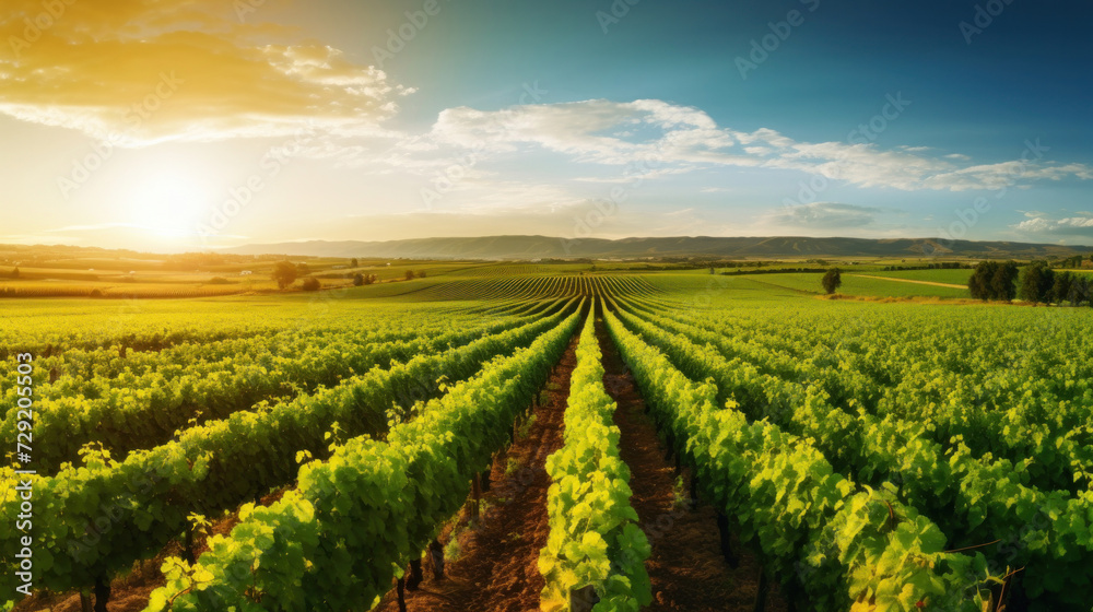 Panorama view of Green field with rows of vines. Ripe grapes for the production of fine wines. - obrazy, fototapety, plakaty 