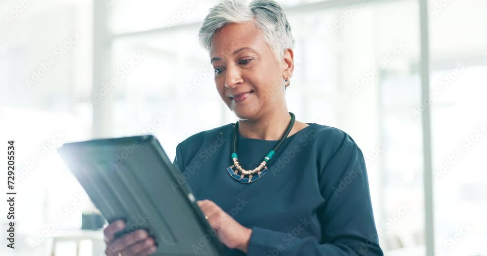 Business, senior and happy woman on tablet for research, social media or communication at office. Mature, female person or executive smile with technology for online search or networking at workplace