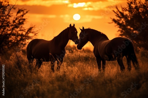 : A pair of wild horses grazing peacefully in a meadow, their graceful forms silhouetted against the warm glow of the setting sun.