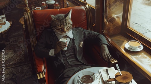A cat in a suit drinks coffee in a cafe