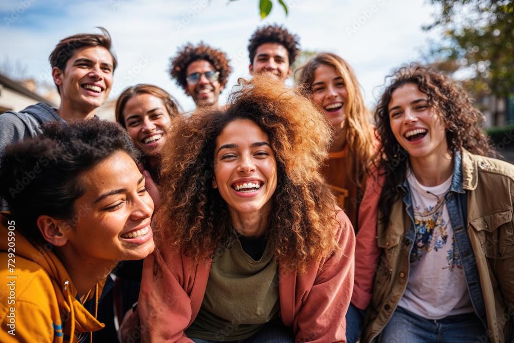 A diverse group of friends shares a moment of joy and laughter outdoors, embodying friendship and happiness in a casual setting. A diverse group of friends shares a moment of joy and laughter outdoors, embodying friendship and happiness in a casual setting.