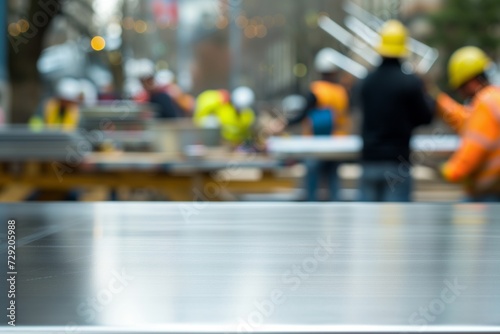 stainless steel table with blurred construction workers wielding tools in the back photo