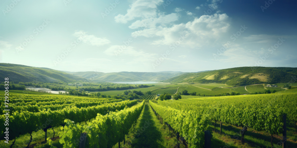 Panorama view of Green field with rows of vines. Ripe grapes for the production of fine wines.