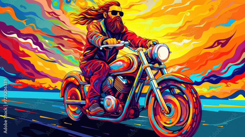A bright multi-colored illustration of an adult bearded biker in leather clothing riding a motorcycle on the highway. A bright multi-colored illustration of an adult bearded biker in leather clothing riding a motorcycle on the highway.