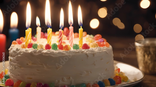 A white birthday cake with light candles and streamers