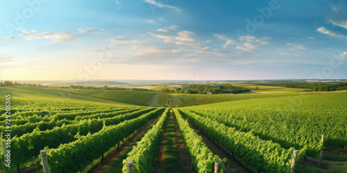 Panorama view of Green field with rows of vines. Ripe grapes for the production of fine wines.