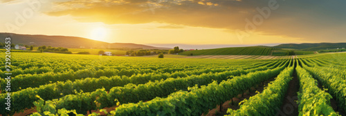 Panorama view of Green field with rows of vines. Ripe grapes for the production of fine wines.