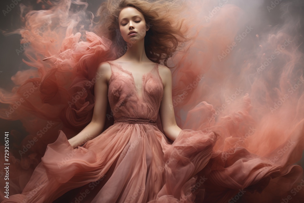 Peach fuzz coloured dress, glamorous portrait of a captivating young woman, fashion and beauty