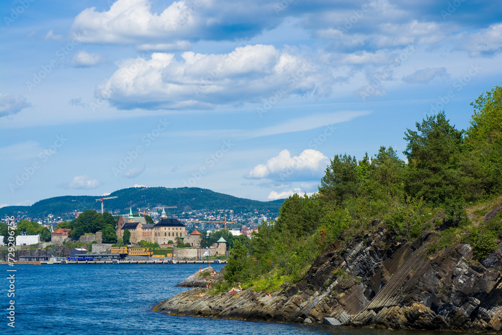View of Akershus Castle and Fortress seen from Hovedøya island on Oslofjord, Oslo, Norway