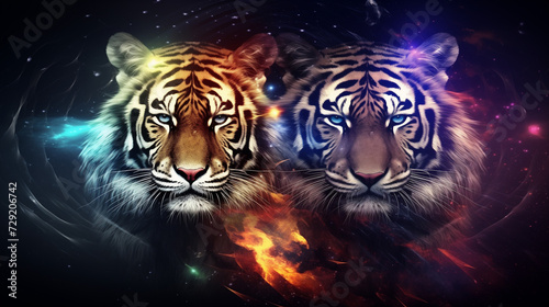 Majestic Twin Tigers Surrounded by Cosmic Elements Illustrating Fire and Ice