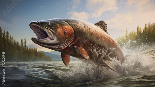 Large salmon jumping out of the water. Trophy fishing on the river.