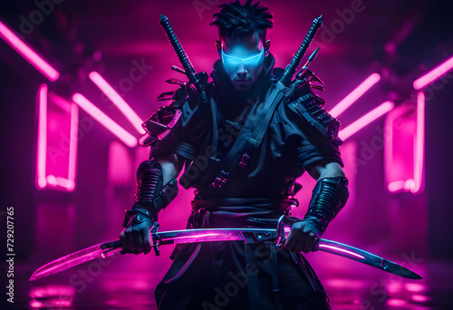 A guy in a cyberpunk image. Cyborg samurai holds © Hassan Rehman