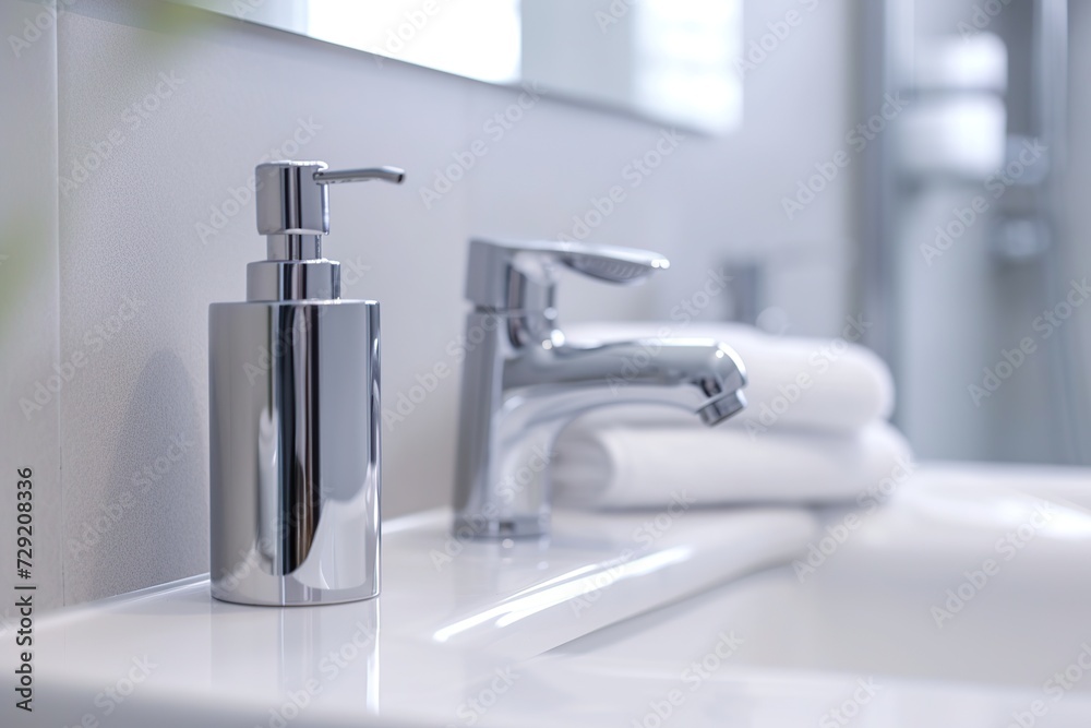 Bathroom counter with sink, water faucet and soap dispenser with liquid soap Bathroom counter with sink, water faucet and soap dispenser with liquid soap