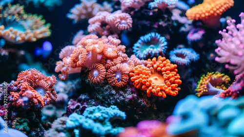 Vibrant coral reef in an aquarium, showcasing diverse marine life with exotic fish and colorful coral formations, perfect for underwater and nature themes