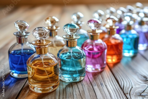 Different bottles of colorful perfume bottles on wooden background