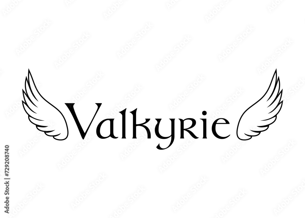 Mitología nórdica. Logo con palabra Valkyrie con alas