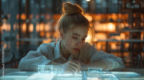 Young woman encodes memories into a glowing capsule, holographic images reflect life's moments, modern office blends tradition and future. photo