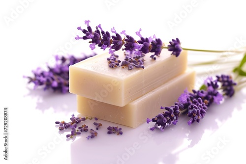 Natural lavender soap bars with lavender flowers on white background