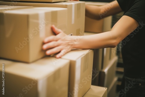 person stacking boxes, hands blurred while arranging them © stickerside