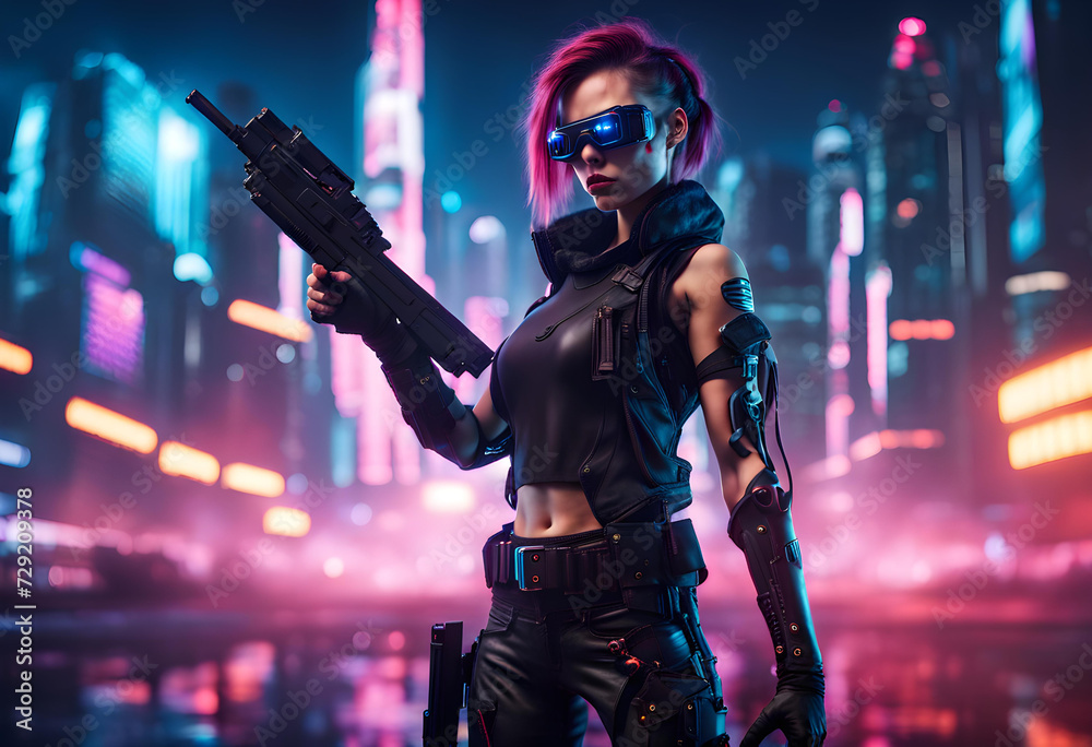Cyberpunk concept. A courageous cyberpunk girl