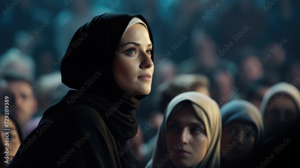 A woman wearing a black hijab looks away from the camera. This image can be used to represent contemplation, solitude, or cultural diversity A woman wearing a black hijab looks away from the camera. This image can be used to represent contemplation, solitude, or cultural diversity