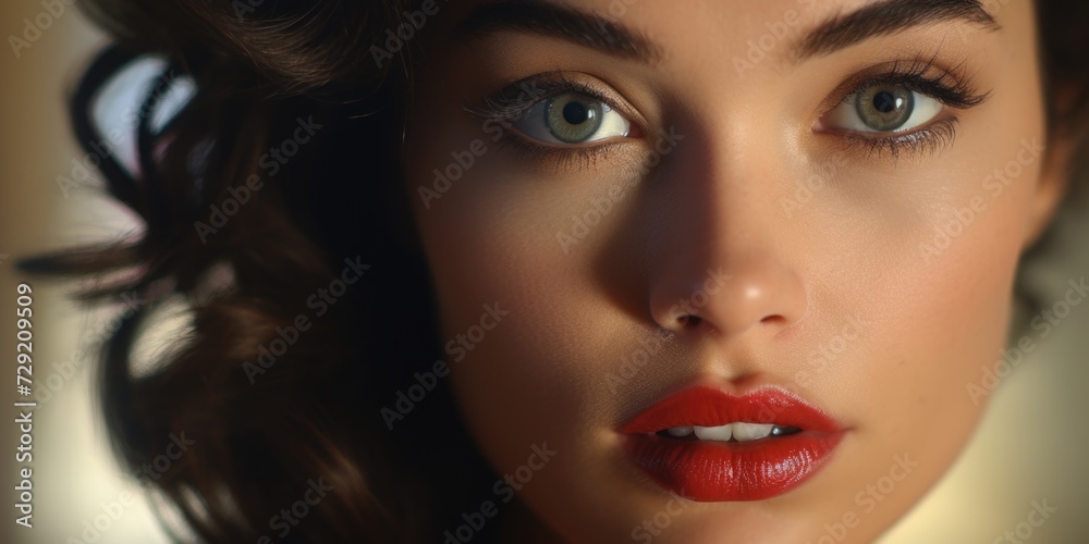 A close-up shot of a woman showcasing her bold red lipstick. Perfect for beauty and fashion related projects A close-up shot of a woman showcasing her bold red lipstick. Perfect for beauty and fashion related projects