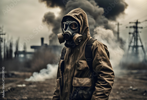 The man in the gas mask of smoke. Stalker. photo