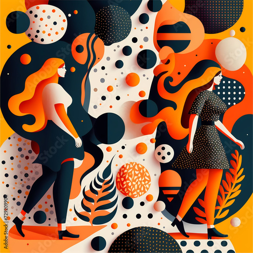 Abstract futuristic contemporary modern illustration watercolor art pattern with dancing people