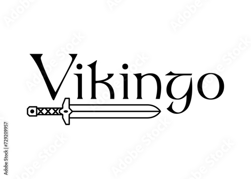 Logo con palabra Vikingo en español con espada medieval