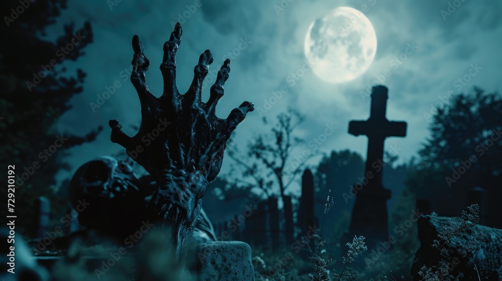 A haunting image of a cemetery with a grave and a full moon in the background. Perfect for spooky or Halloween-themed projects A haunting image of a cemetery with a grave and a full moon in the background. Perfect for spooky or Halloween-themed projects