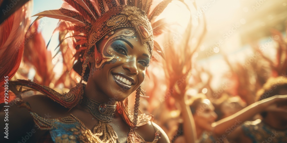 A woman dressed in a carnival costume smiles at the camera. Perfect for capturing the joy and excitement of festive events