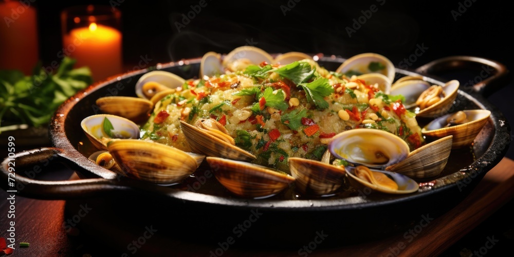 Naklejka premium A delicious plate of clams served with a bed of rice and fresh vegetables. Perfect for seafood lovers. Can be used for restaurant menus or food-related articles