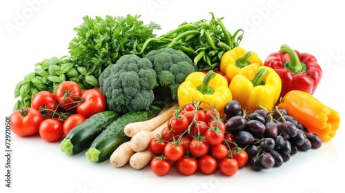 Fresh and colorful assortment of vegetables and fruits displayed on a clean white surface. Ideal for healthy eating, nutrition, cooking, and food-related concepts
