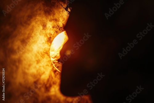 A close-up photograph capturing the intense expression on a person's face against a backdrop of roaring flames. © Fotograf