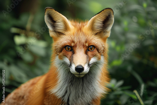 Red fox in forest, close-up of a predatory animal in wild looking at camera