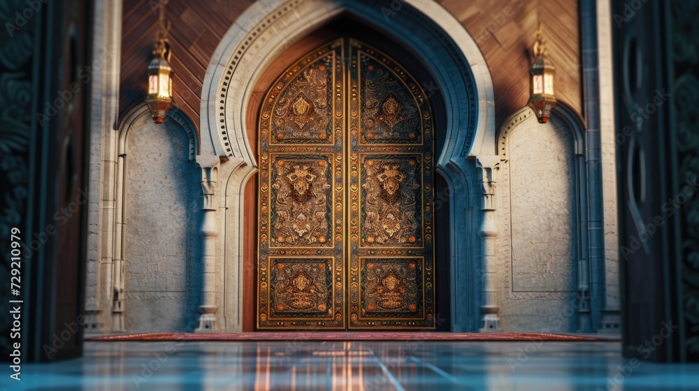 A large wooden door in an ornate building. Ideal for architectural designs and historical themes