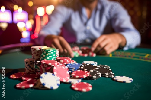 man with a pile of chips in front of him at a casino table photo