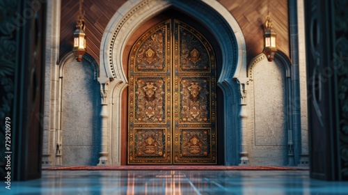 A large wooden door in an ornate building. Ideal for architectural designs and historical themes
